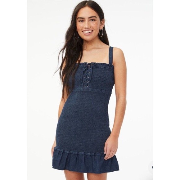Aeropostale Denim Dress Size S Smocked Bodycon Lace-up Straps Stretch Cotton - Picture 1 of 9